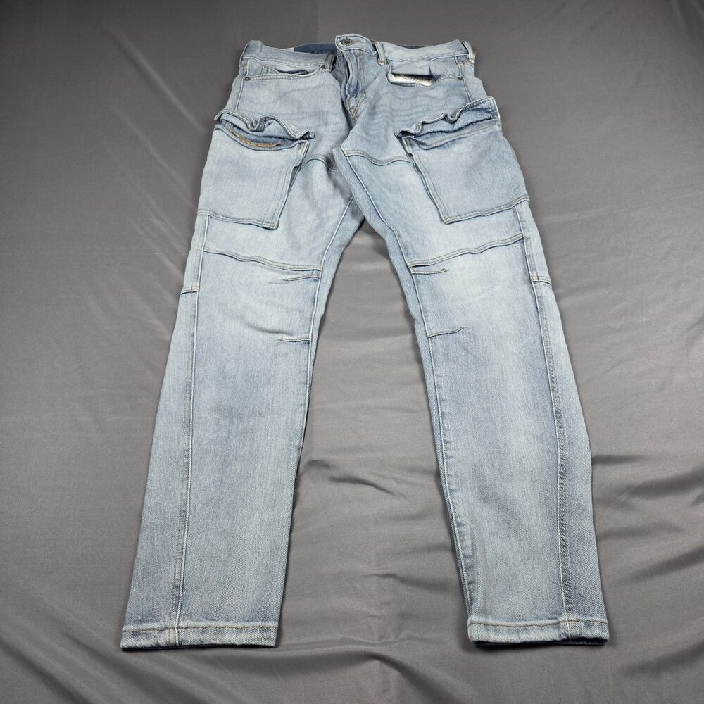 HM Slim Cargo Denim Jeans Mens Size 33x32 Light Blue Distressed Moto Utility